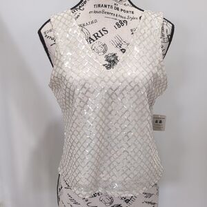 TAMARA H. | Women's Cream/Silver Sequined Mesh Lined Reversable Neck Tank Top